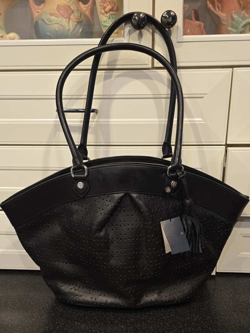 Brooks Brothers Black Perforated Leather Tote with Tassel